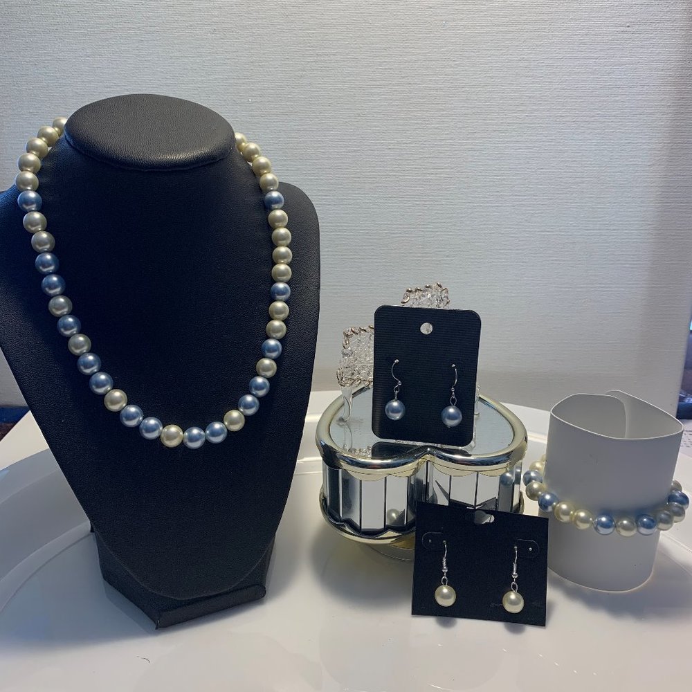 Pearl Faux Necklace 4PC Two Earrings, Bracelet.